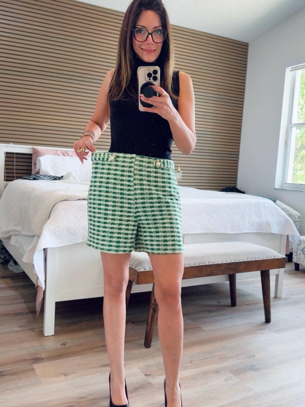Tailored Green Houndstooth Tweed Bermuda Shorts